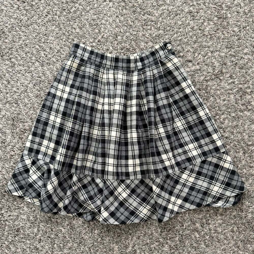 Vintage Laura Ashley Black and White Plaid Pleated Ruffle Mini Skirt
